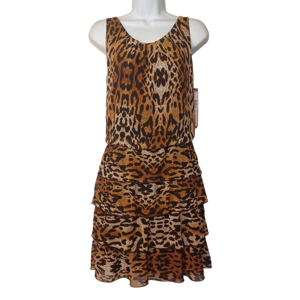 VOIR VOIR Leopard Animal Print Ruffle Sleeveless Mini Brown Dress 10 Medium NWT